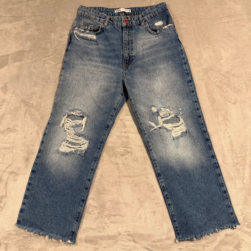 Zara High Rise Straight Leg Distressed Ankle Jeans Women’s size 6